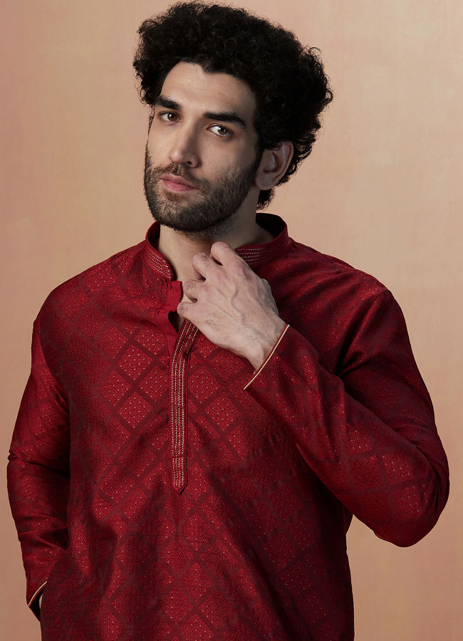 Merlot Red Jacquard Kurta Pajama image number 0